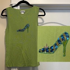 Y2K Sequin Heel Jersey Knit Green Tank Top